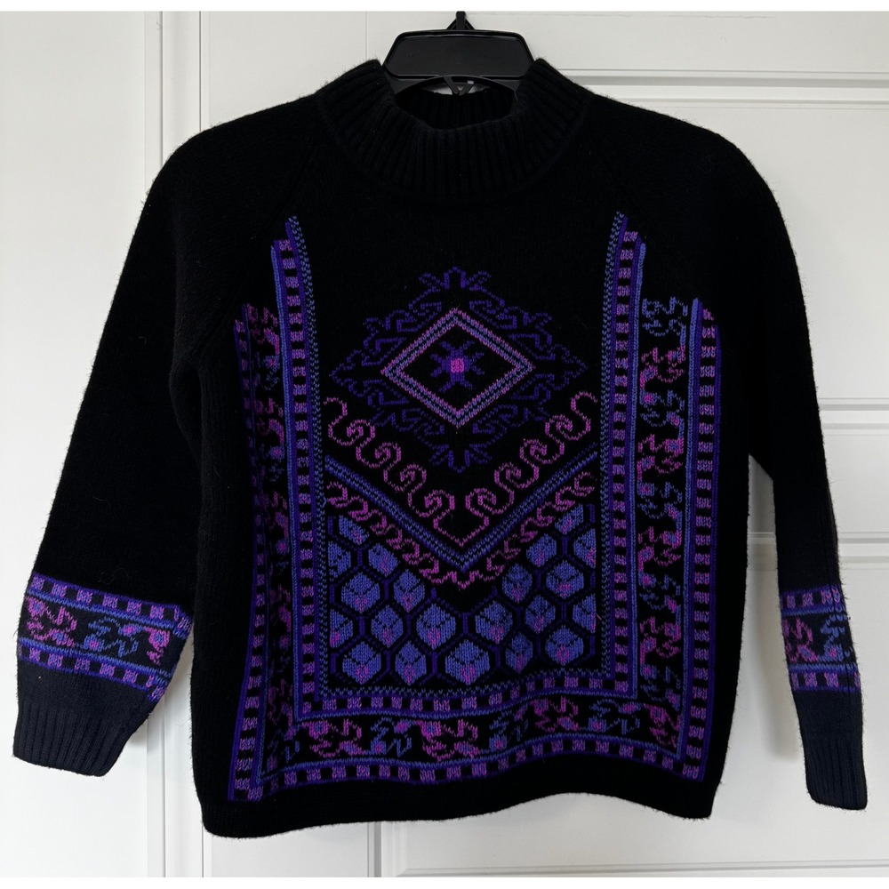 VTG 1949 HKK 100% Virgin Wool 80s Geometric Ski Sweater Jumper Size 38 Black